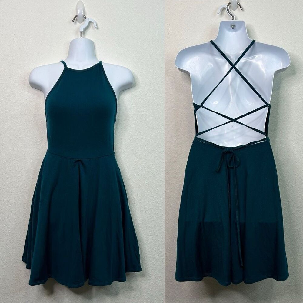 Reformation Teal Blue High Neck 90’s Strappy Flare Mini Dress Women’s Size XS